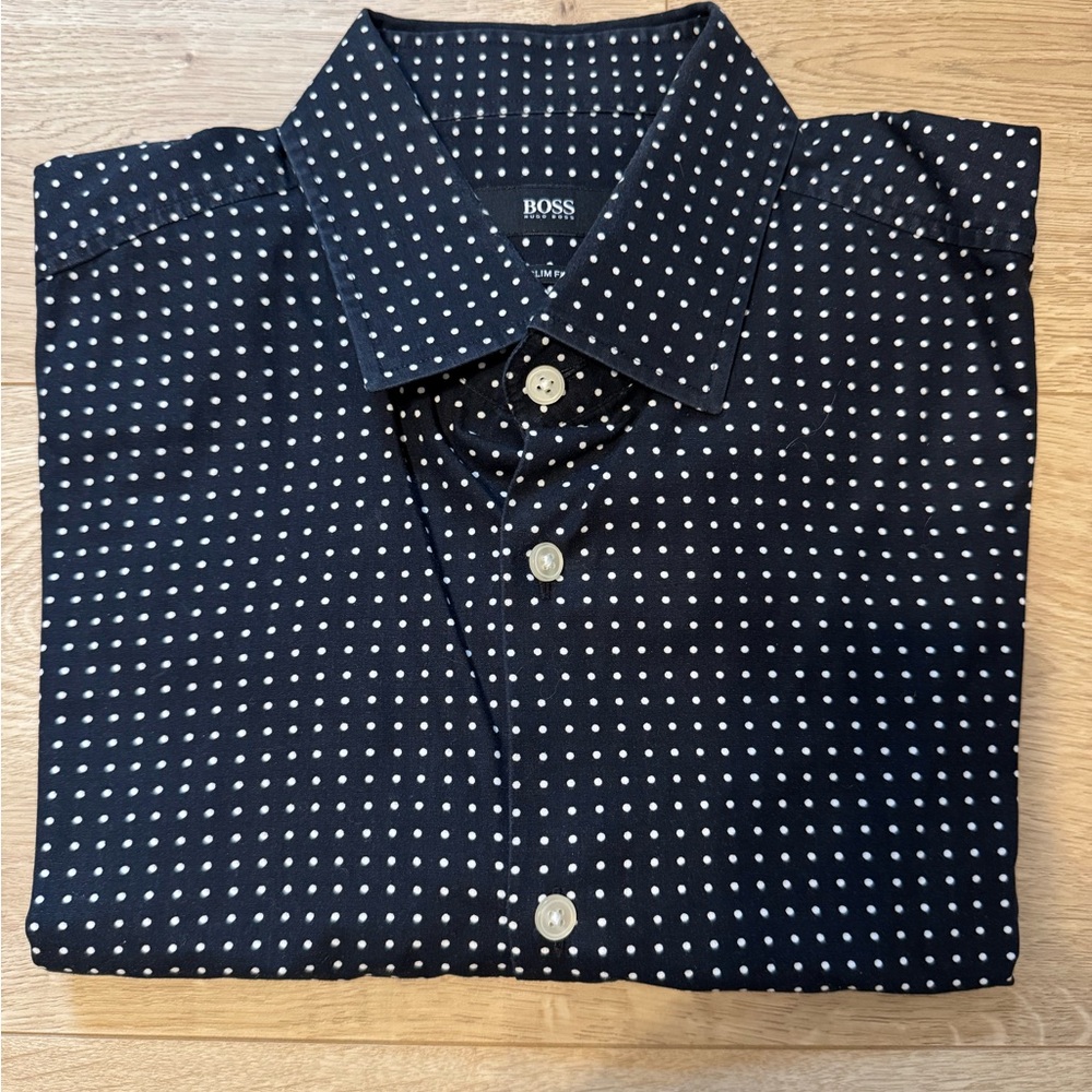 Boss Men's Dark Blue and White Dot Shirt